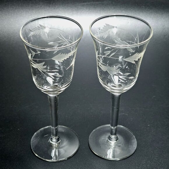 2 Weston Art Deco Liquor Cocktail Glasses 5.5" etched flowers 40s elegant glass - Picture 3 of 6